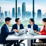 Home 20 쇼핑매니저 해외 취업 가능성 - A dynamic office scene showing a diverse team of sales managers collaborating on international marke...