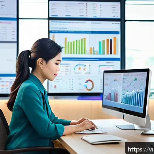 Home 31 쇼핑매니저 취업 성공 사례 - A modern Vietnamese retail purchasing manager in a sleek office environment, analyzing big data char...