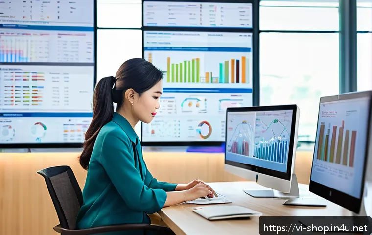 쇼핑매니저 취업 성공 사례 - A modern Vietnamese retail purchasing manager in a sleek office environment, analyzing big data char...