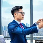 Home 18 쇼핑매니저 채용 트렌드 - A modern Vietnamese sales manager in a sleek office environment, analyzing colorful data charts and ...