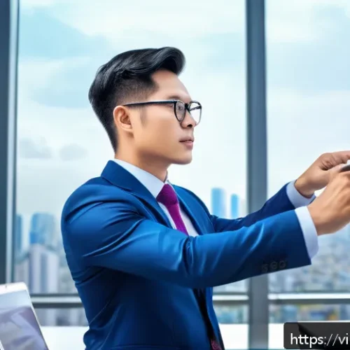 Home 30 쇼핑매니저 채용 트렌드 - A modern Vietnamese sales manager in a sleek office environment, analyzing colorful data charts and ...