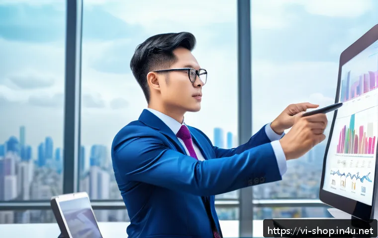 쇼핑매니저 채용 트렌드 - A modern Vietnamese sales manager in a sleek office environment, analyzing colorful data charts and ...