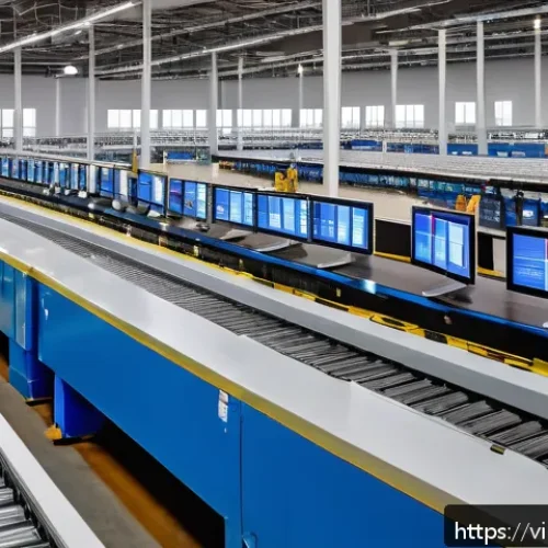 Home 17 쇼핑매니저 관련 학과 및 전공 - A modern Vietnamese warehouse interior featuring automated supply chain technology: sleek conveyor b...