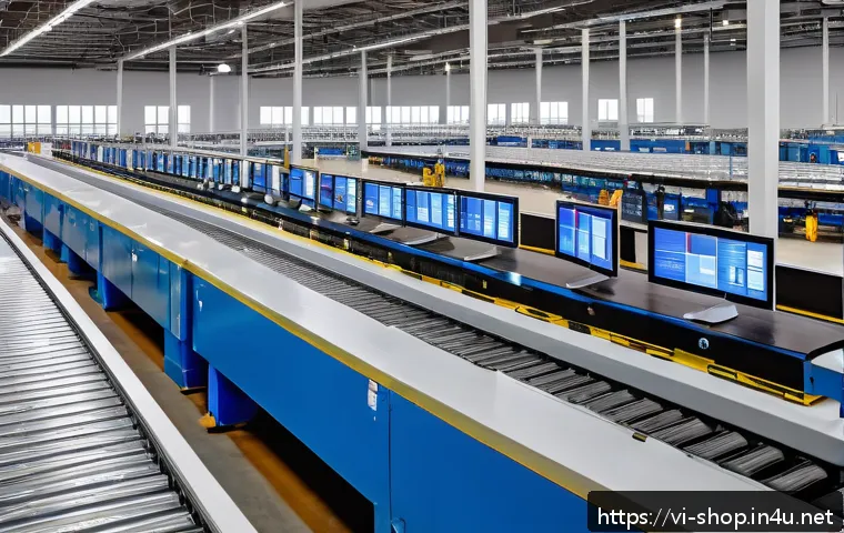 쇼핑매니저 관련 학과 및 전공 - A modern Vietnamese warehouse interior featuring automated supply chain technology: sleek conveyor b...